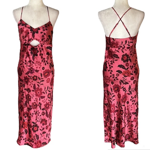 NWT House of Harlow 1960 Pink Floral Satin Midriff Cutout Slip Midi Dress - M - Picture 1 of 12
